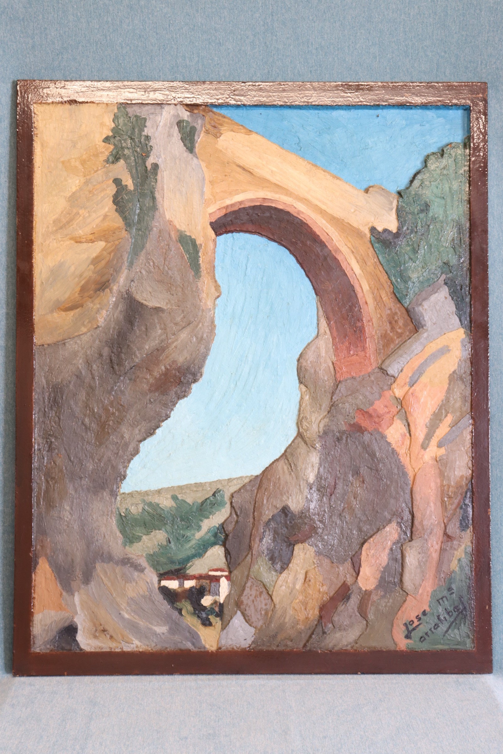 Antiguedades de PUENTE DE RONDA ÓLEO BAJORRELIEVE SOBRE TABLERO ARRATIBEL  