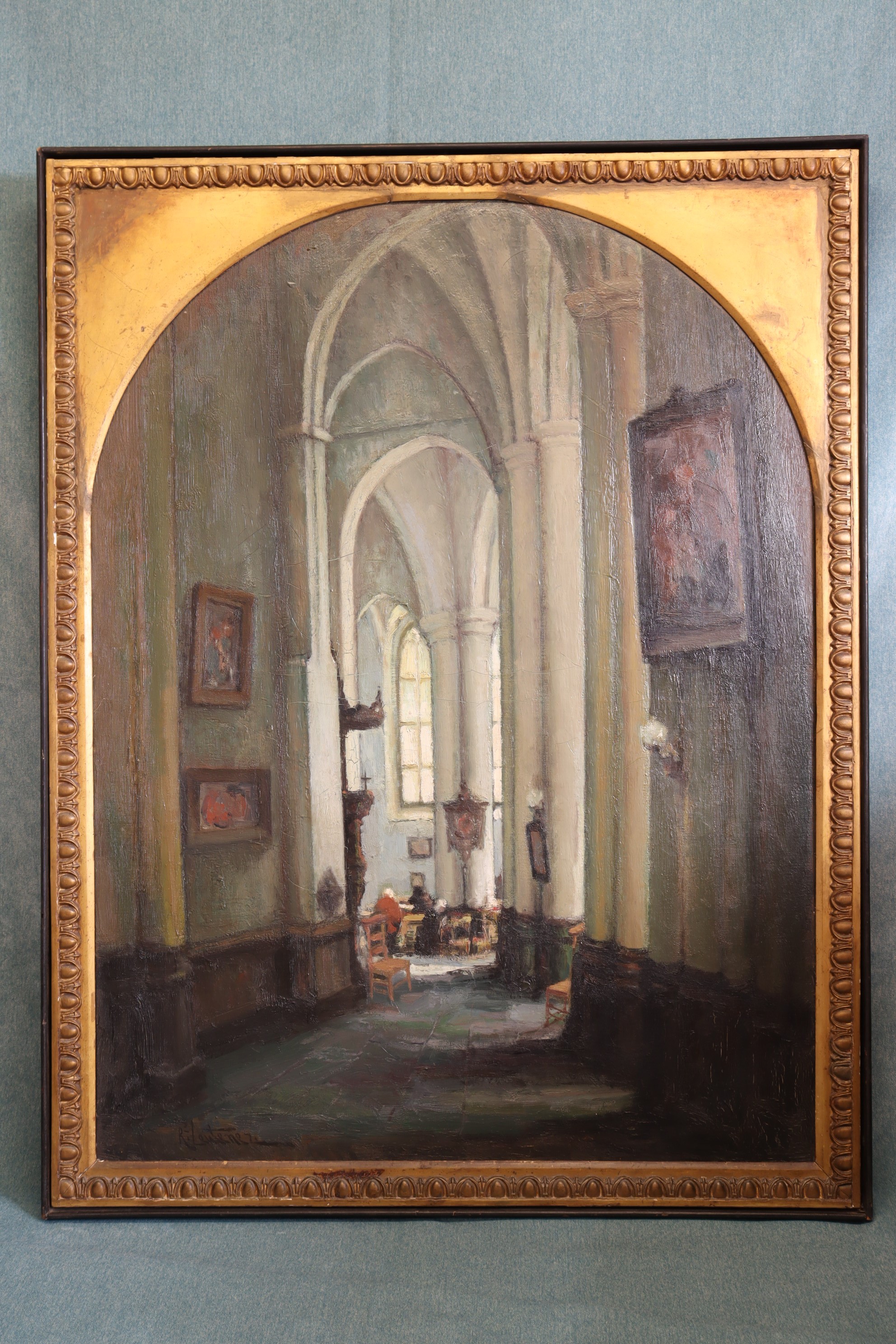 Antiguedades de ÓLEO INTERIOR DE LA CATEDRAL DE BRUJAS RICHARD LEUTENEZ  
