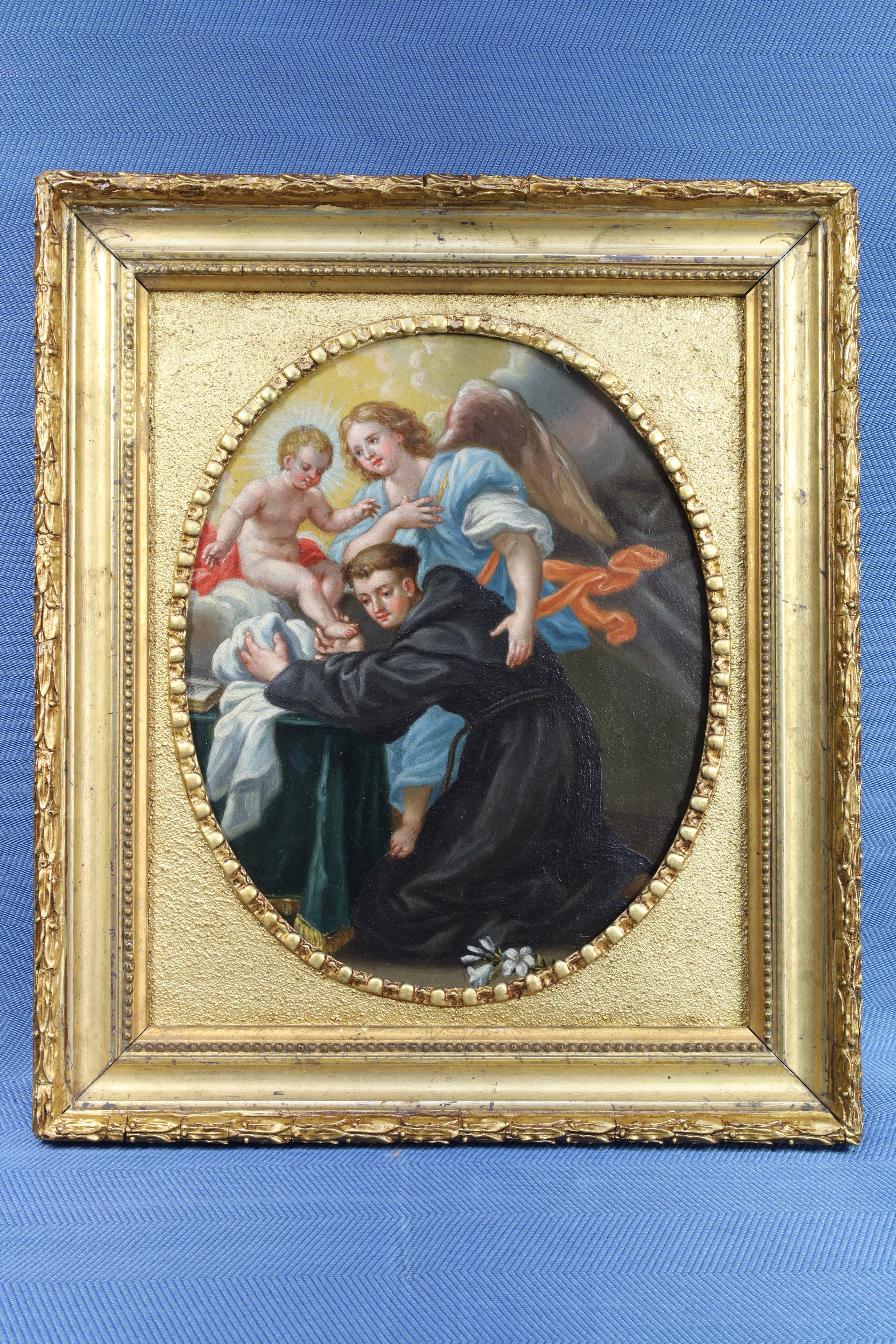 Antiguedades de ÓLEO SOBRE CARTÓN SAN ANTONIO CON EL NIÑO JESÚS Y ÁNGEL SXIX